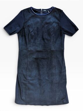 Elie Tahari “Emily” Mixed-Media Faux Suede Short Sleeve Sheath Dress Navy Blue